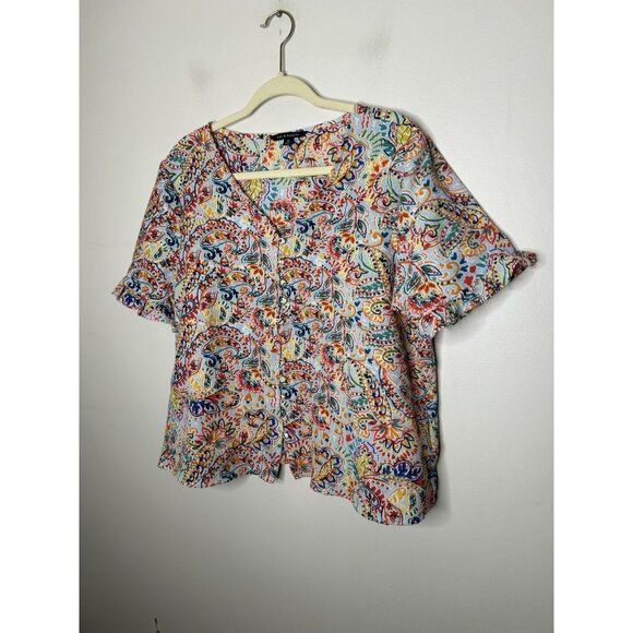 Zac & Rachel White Colorful Floral Short Sleeve V Neck Top Blouse Size XL - Picture 2 of 8